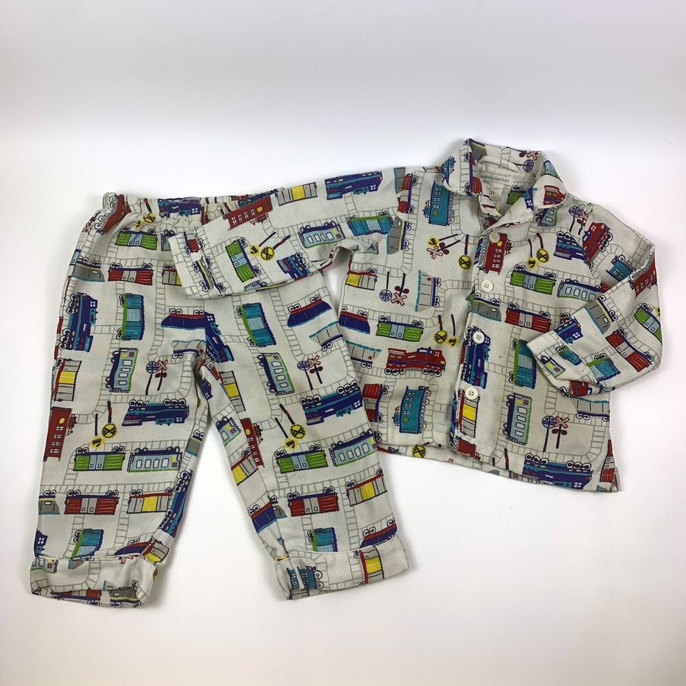 Pottery Barn Kids Pajama Set 3T Trains Tracks Engine Locomotive Rare *Well Loved